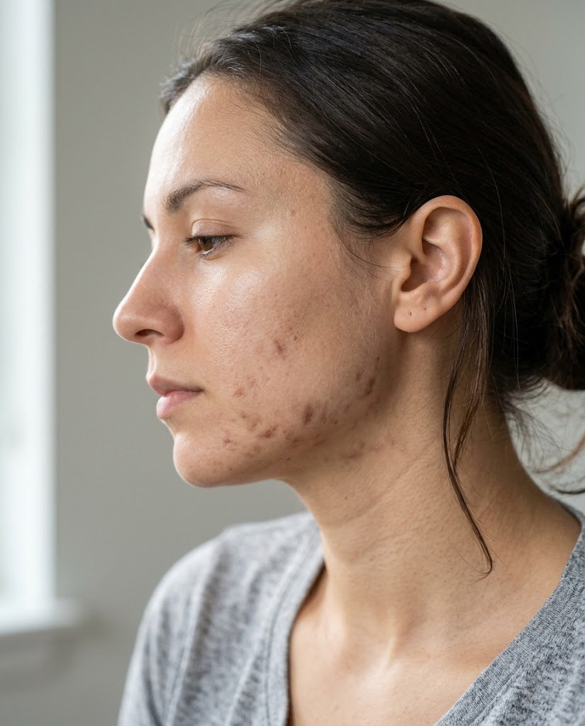 Illustrative simulation - jawline post-acne marks, before