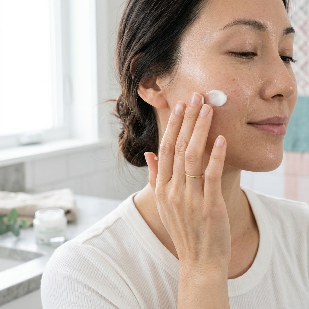 Woman applying the cream to her cheekbone