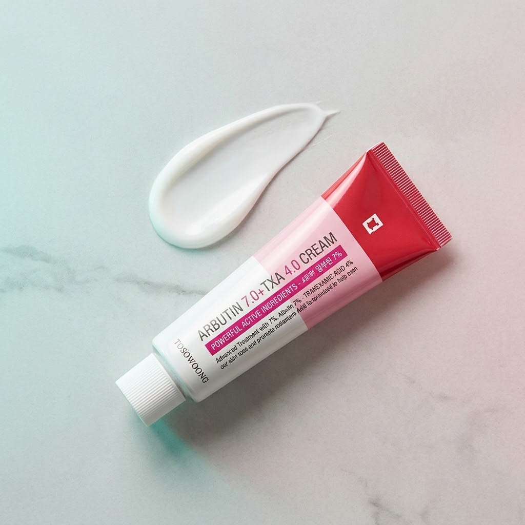 Korean Arbutin 7% + TXA 4% Dark Spot Cream tube with cream swatch