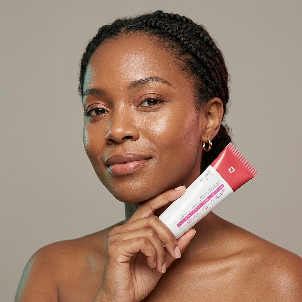 Woman with deep skin tone holding the cream tube