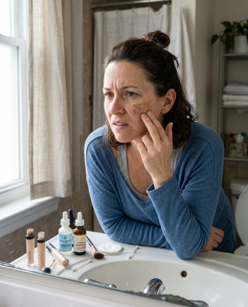 Woman checking dark spots on her cheek in the mirror